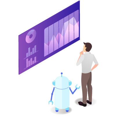 AIとロボットがデータを見つめている様子